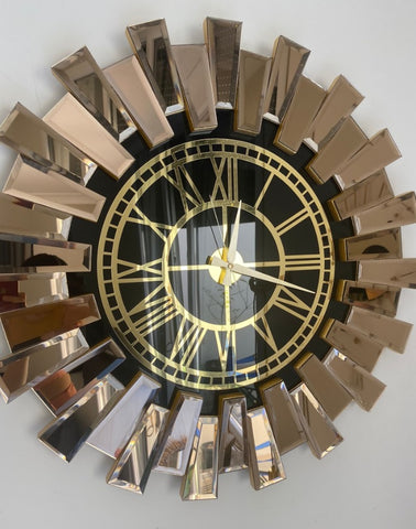 Bronze Large Wall clock - Real Mirror clock Gold colored numerals on a Black colored mirror,