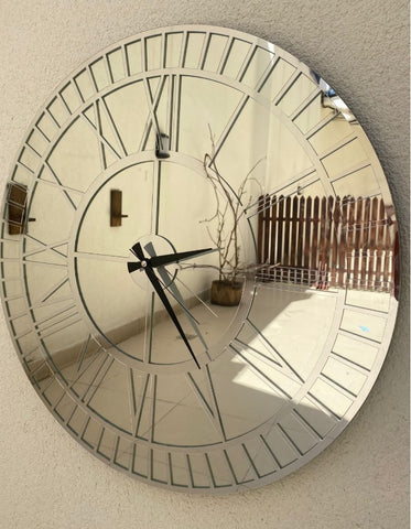 Silver Large Wall clock - Real Mirror Clock Silver colored numerals on a Silver colored mirror