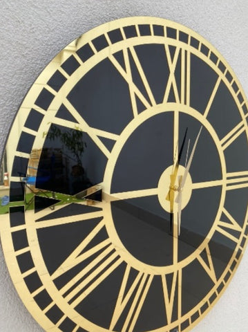 Black color Large Wall clock -Real Mirror clock , Gold colored numerals on a Black colored mirror