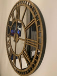 Wooden Large Wall clock - Real Mirror Clock Brown colored numerals on a Silver colored mirror