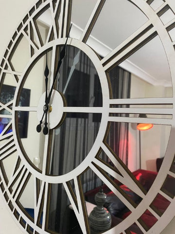 White Large Wall clock - Real Mirror Clock White colored wooden numerals on a Silver colored mirror